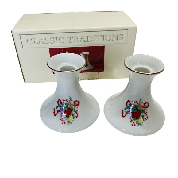 Classic Traditions Japan Floral Christmas Ceramic Candle Holders Gold Trim Set - Picture 1 of 7
